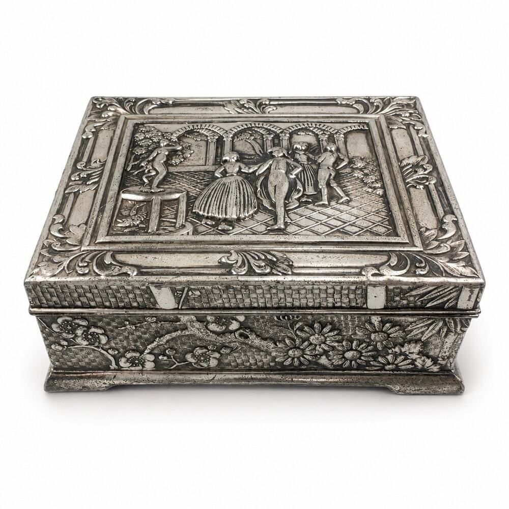 Vintage Ornate Silver Tone Trinket Jewelry Box Courtly Scene Red Velvet Lined